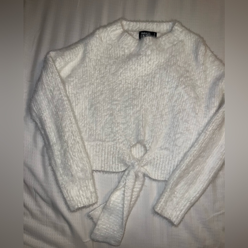 White Fuzzy Sweater with Tie Front